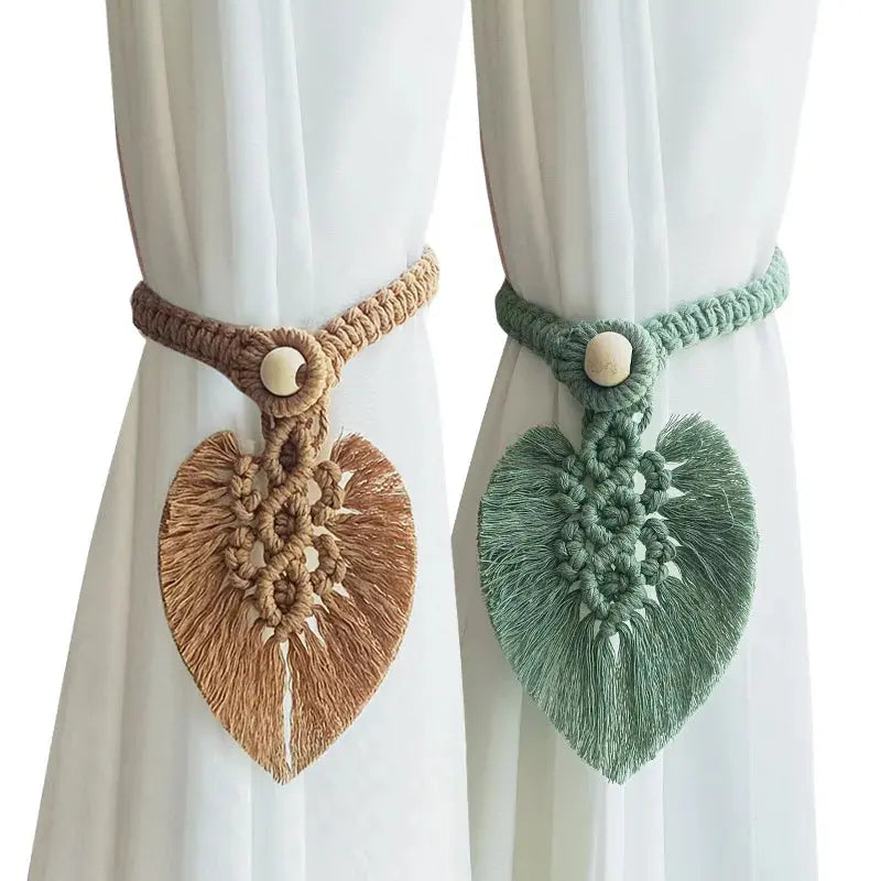 Boho Macrame Curtain Tiebacks, hand braided macrame with leaf detail