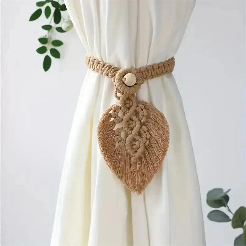 Boho Macrame Curtain Tiebacks, pair, fits standard curtain weights