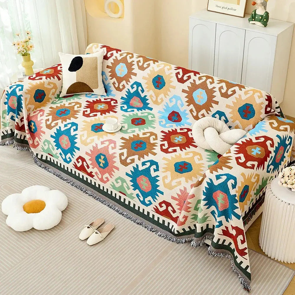 Cotton Yarn Blanket for Camping, full coverage drape across a sofa