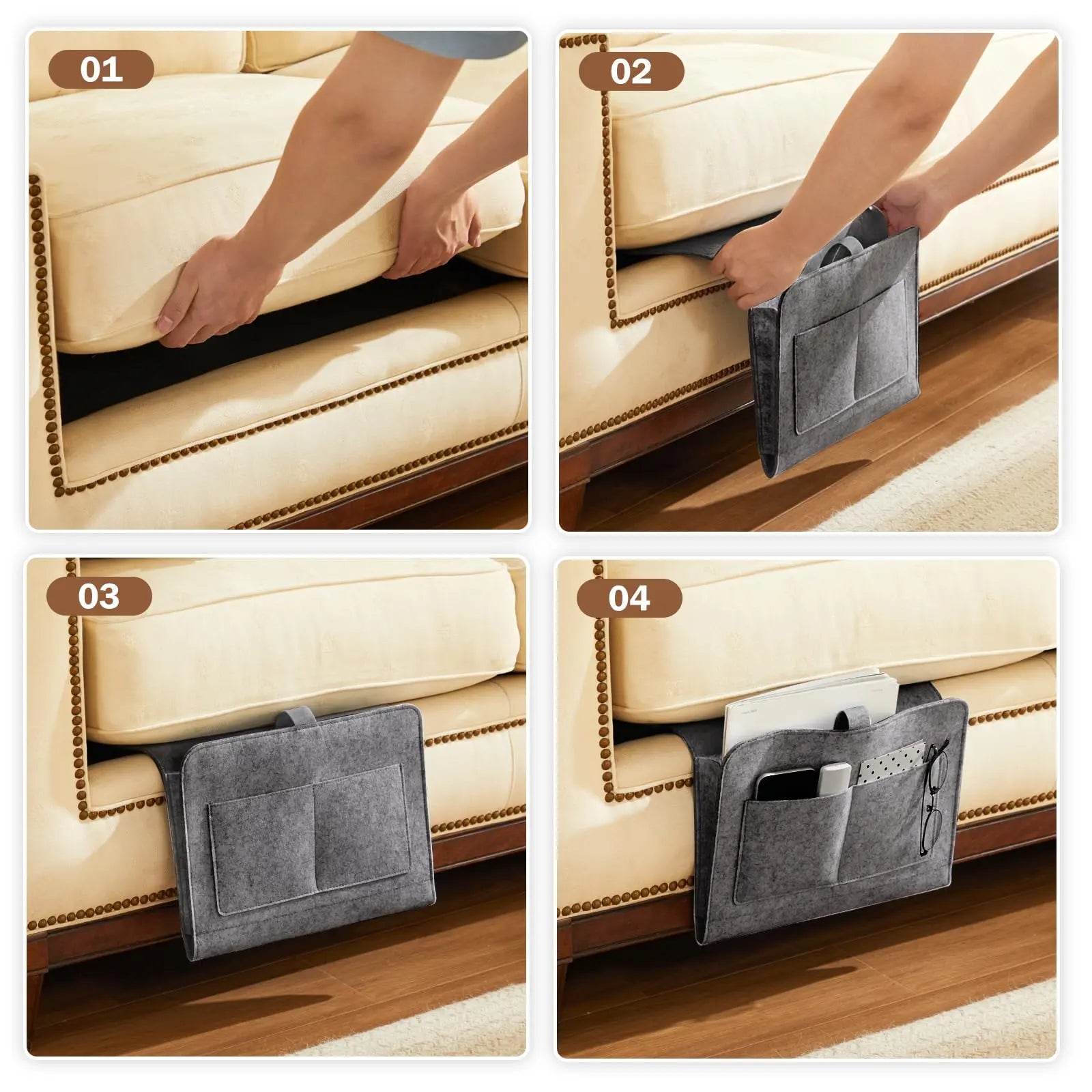 Felt Hanging Bedside Storage Bag, hangs on a bed rail, sofa arm or hook
