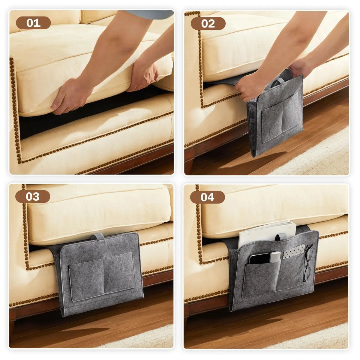 Felt Hanging Bedside Storage Bag, hangs on a bed rail, sofa arm or hook