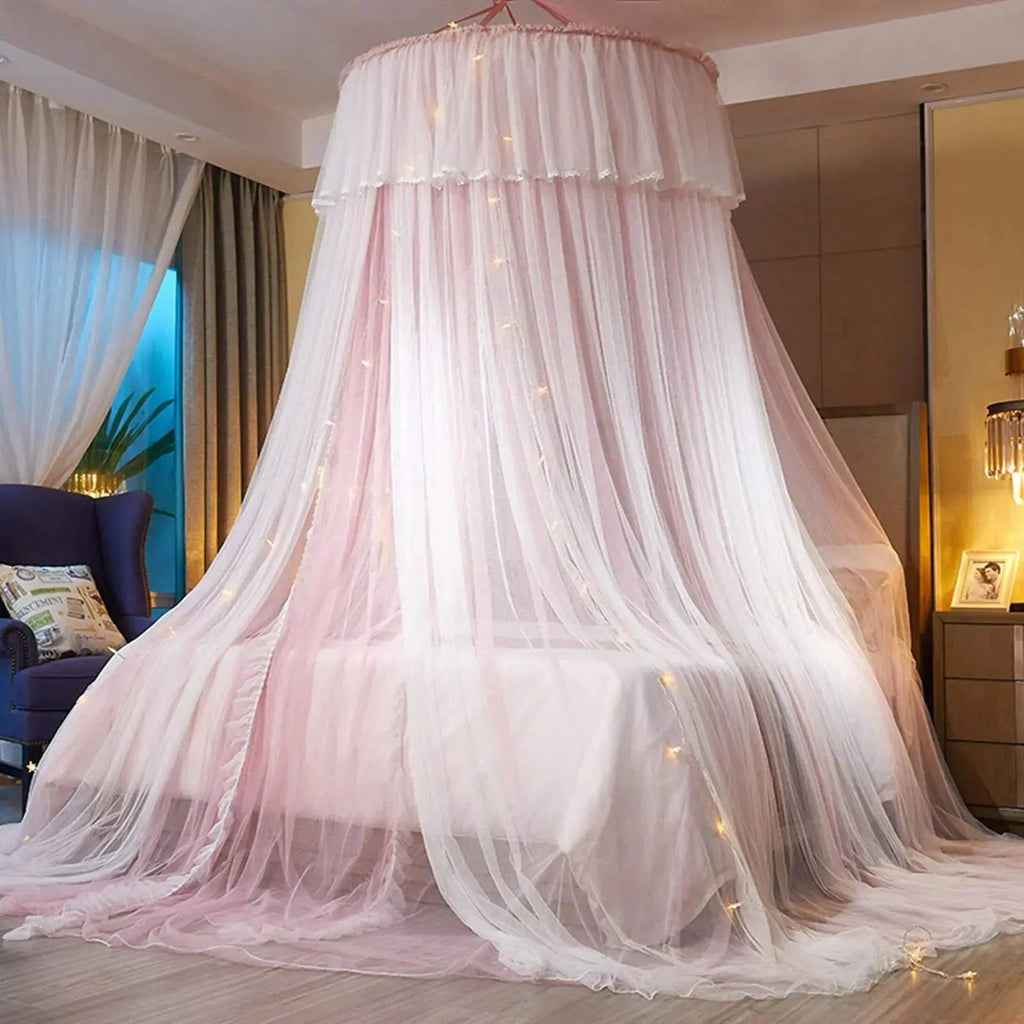 Pink Bed Canopy for Girls, round dome hangs from one ceiling point