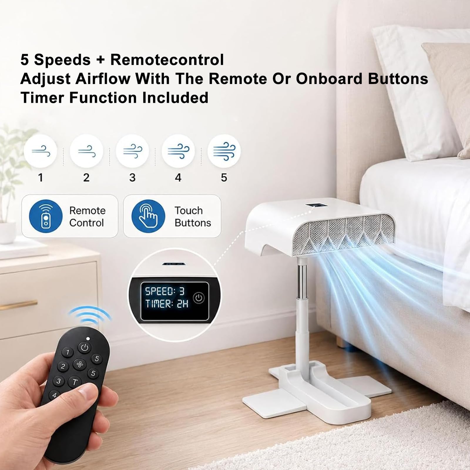 Rechargeable Bladeless Bed Fan, bladeless outlet aims under the bedding