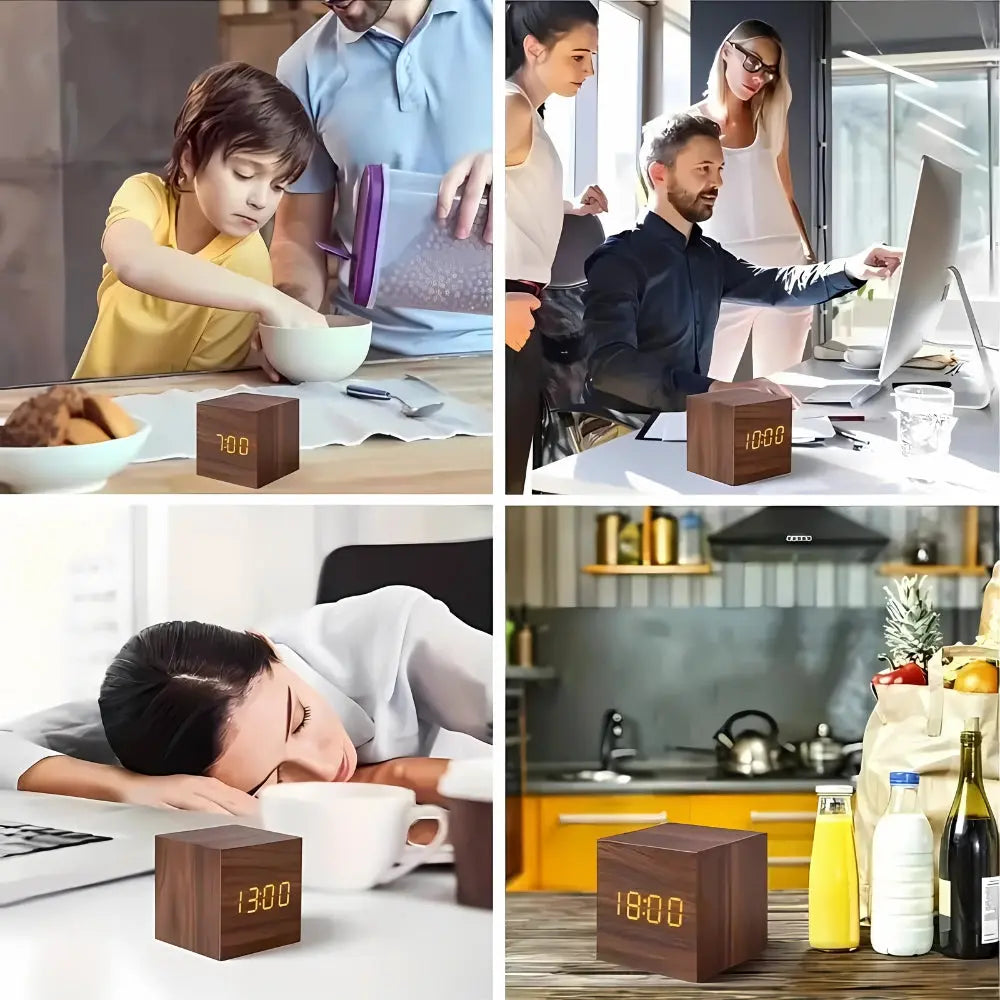 Sound Activated Wooden Alarm Clock, time and temperature on one face