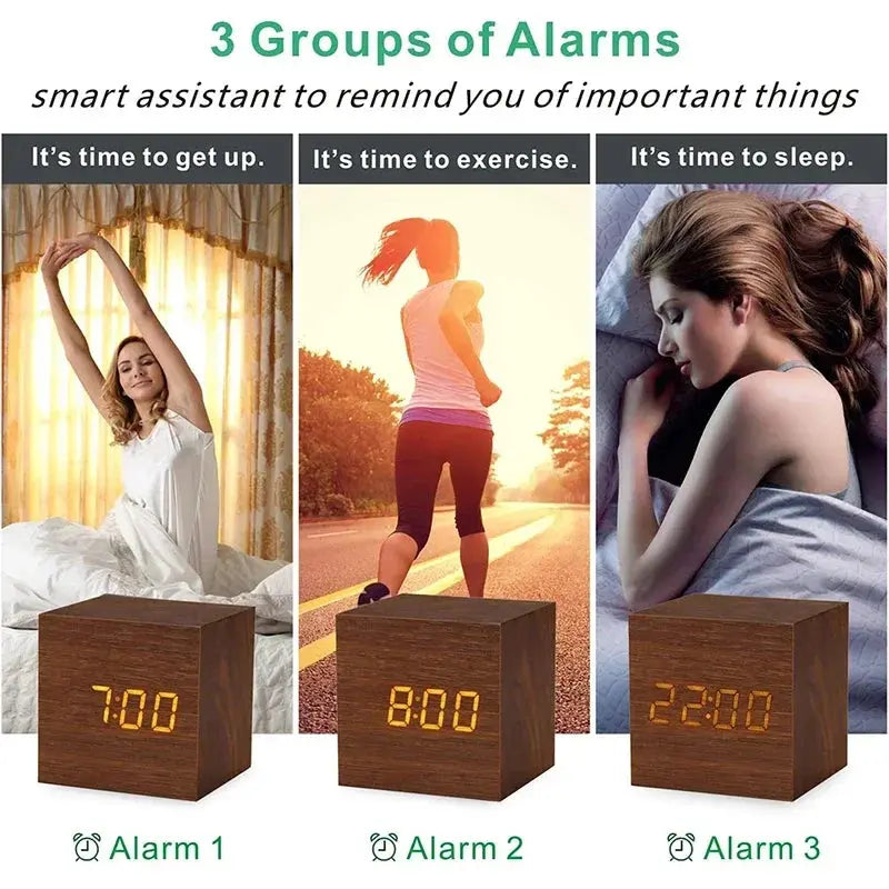 Sound Activated Wooden Alarm Clock, USB or AAA battery power