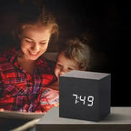 Sound Activated Wooden Alarm Clock, time and temperature on one face